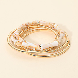 5PCS - Stackable Marbled Bamboo Beaded Stretch Metal Bangle Multi Layered Bracelets