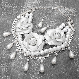 Bold Faux Leather Floral Embellished Pearl Strand Statement Necklace