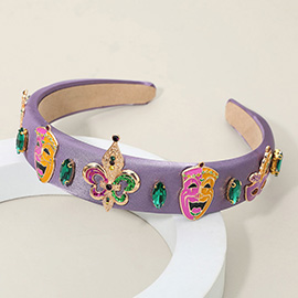 Enamel Mardi Gras Jester Mask Fleur de Lis Charm Embellished Headband