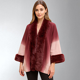 Faux Fur Trim Open Front Cape Shawl Poncho