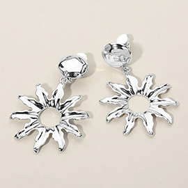 Bold Metal Sunburst Drop Dangle Statement Clip On Earrings