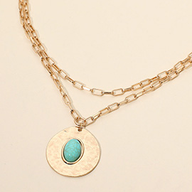 Oval Stone Center Hammered Disc Pendant Layered Necklace