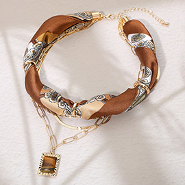 Rectangular Stone Pendant Accent Layered Fabric Scarf Necklace