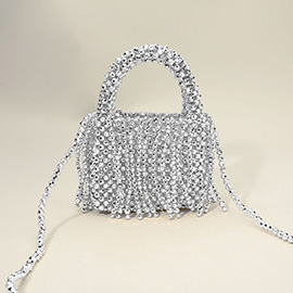 Faceted Beaded Structured Fringe Mini Top Handle Evening Crossbody Bag