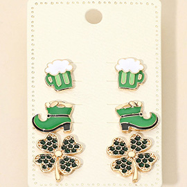 3Pairs - St Patricks Clover Boot Beer Mug Stud Earring Set