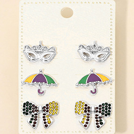 3Pairs - Mardi Gras Mask Umbrella Bow Stud Earring Set