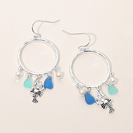 Lobster Sea Glass Charm Drop Open Ring Dangle Earrings