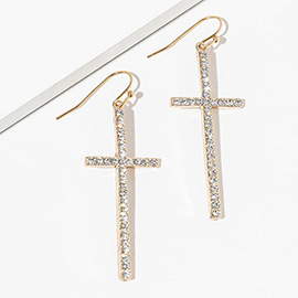 Crystal Stone Paved Cross Dangle Earrings