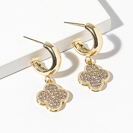 Gold Dipped CZ Stone Paved Quatrefoil Drop Dangle Mini Hoop Earrings