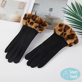 Leopard Faux Fur Wrist Trim Smart Touch Winter Gloves