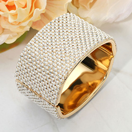 Wide Pearl Paved Hinged Evening Bangle Bracelet