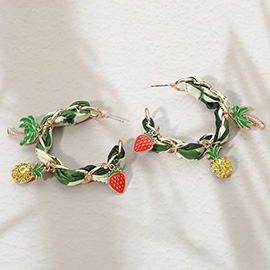 Palm Tree Pineapple Strawberry Charm Fabric Scarf Hoop Earrings