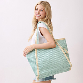 Tassel Accent Two Tone Woven Straw Tote Bag