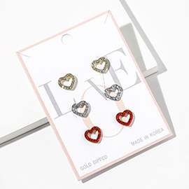3Pairs - Gold Dipped Rhinestone Paved Open Heart Mini Stud Earring Set